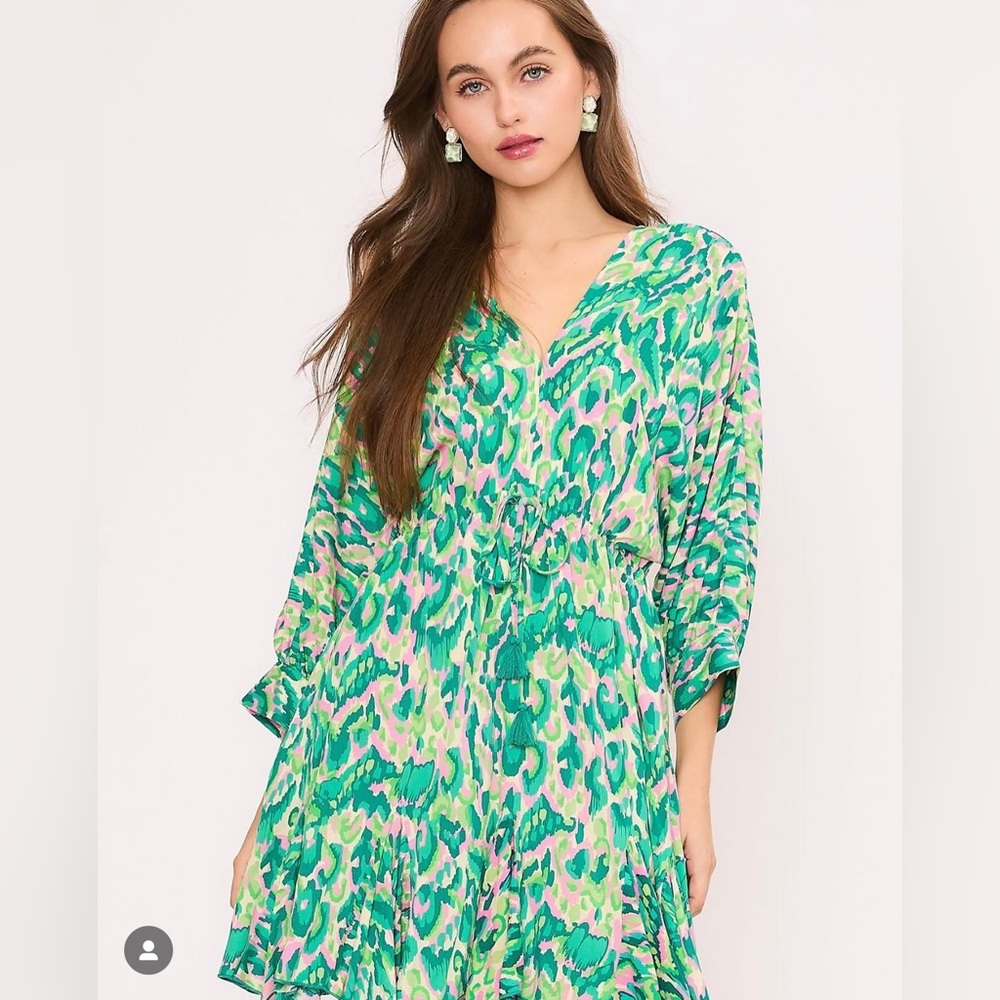 Meet me in Santorini Bright Green Abstract Print‎ Tunic Dress with Tassel Tie
